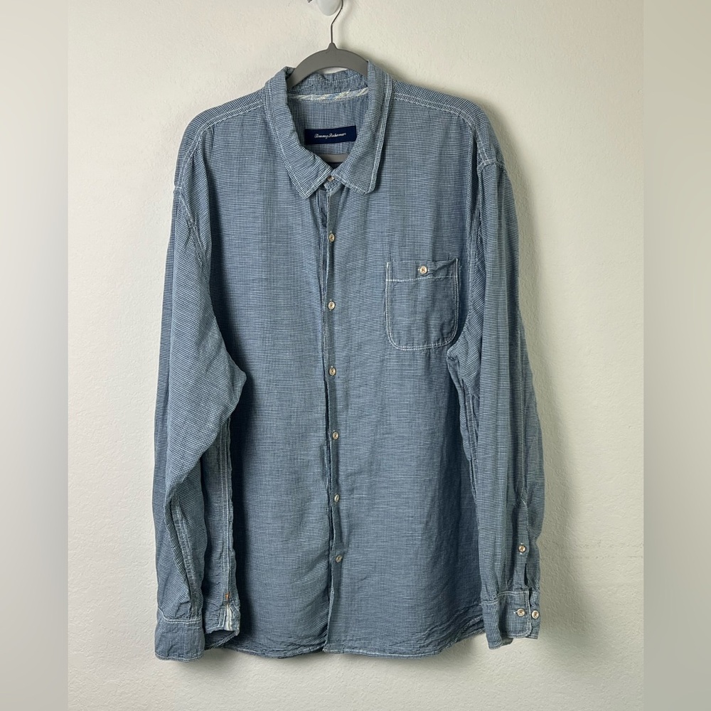 Tommy Bahama Blue & White Gingham Linen Blend Long Sleeve Button Down